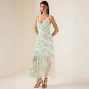Women's Ruffle Spaghetti Strap Summer Sexy Cover-Up Mesh Long Dress