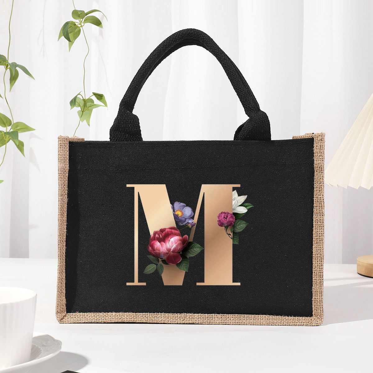 Cotton and linen canvas tote bag, printed letter tote bag, portable light handbag, gift shopping bag