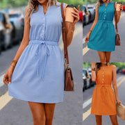 Casual Woven Button Lace Up Waist Solid Color Sleeveless Dress Solid Button Drawstring Waist Dress