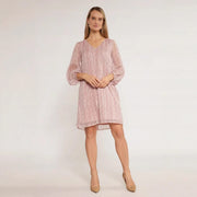 Spring V-Neck Solid Textured Long Sleeve Dress – Elegant French Style Midi for Women