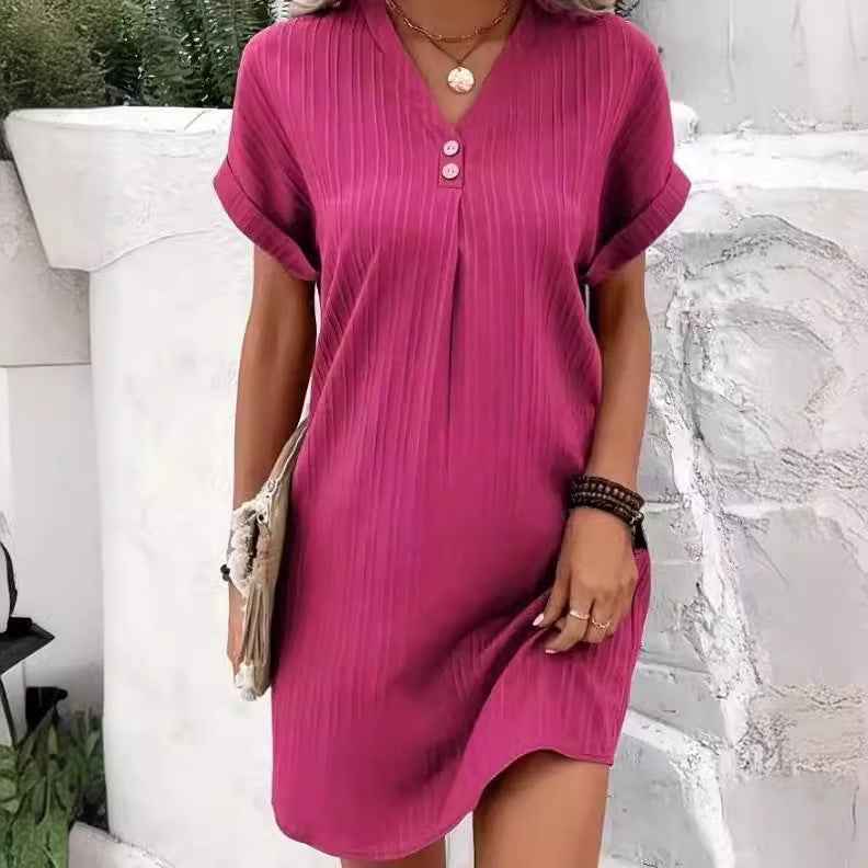 Solid Color Pullover Comfortable Casual Button Dress V-Neck Batwing Sleeve Dress