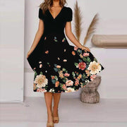V Neck Bohemian Print Short Sleeve Dress - Flowy Casual Summer Dress with Elastic Waist