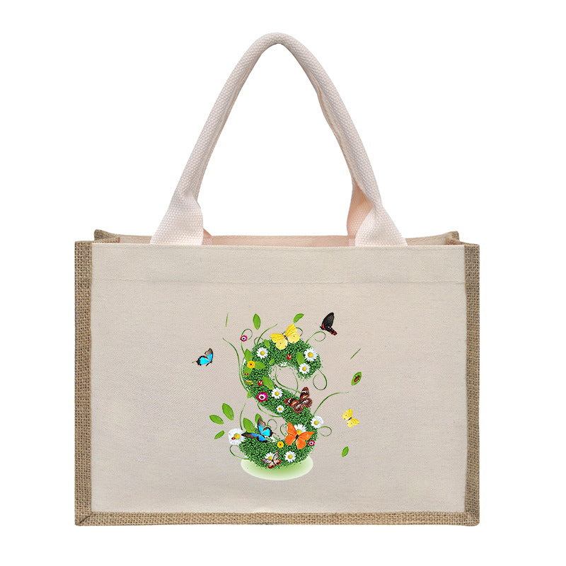 Cotton and linen canvas tote bag, printed letter tote bag, portable light handbag, gift shopping bag