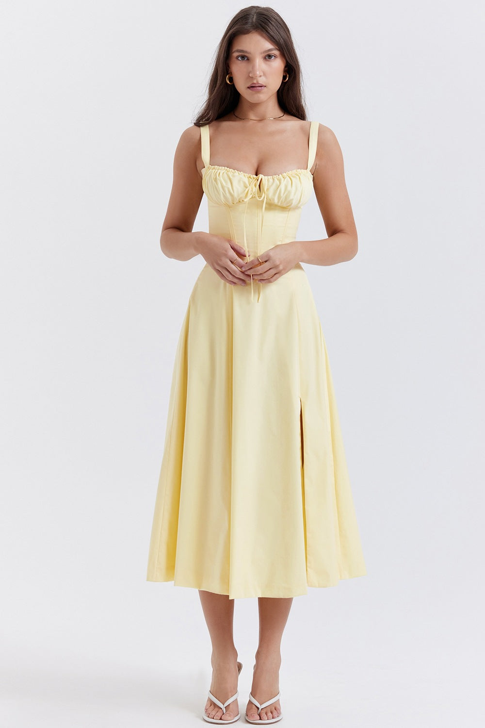 Sleeveless Strapless Bandage Corset Dress - Floral Print Long Midi Dress with Lace Up Back & Thigh Slit