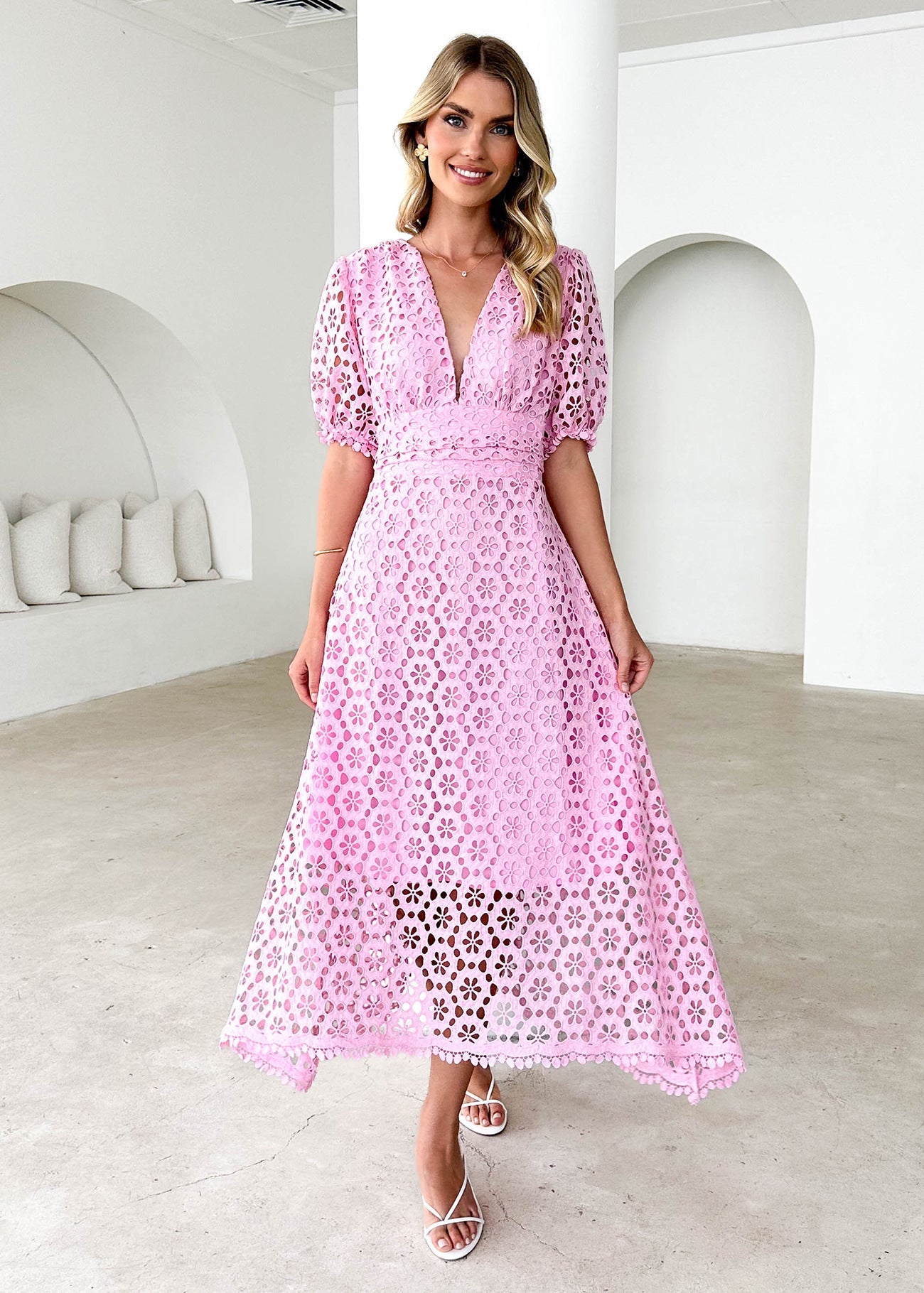 Dress skirt V-neck sexy waist solid color lace hollow dress