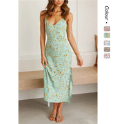 Floral Deep V Suspender Split Dress - Women's Spaghetti Strap Summer Dress