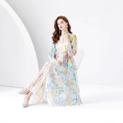 Early Spring Fashion Court Style Dress - Vintage Print Mandarin Collar Long Sleeve Flared Maxi Gown