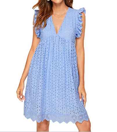 Lace jacquard hollowed V-neck dress