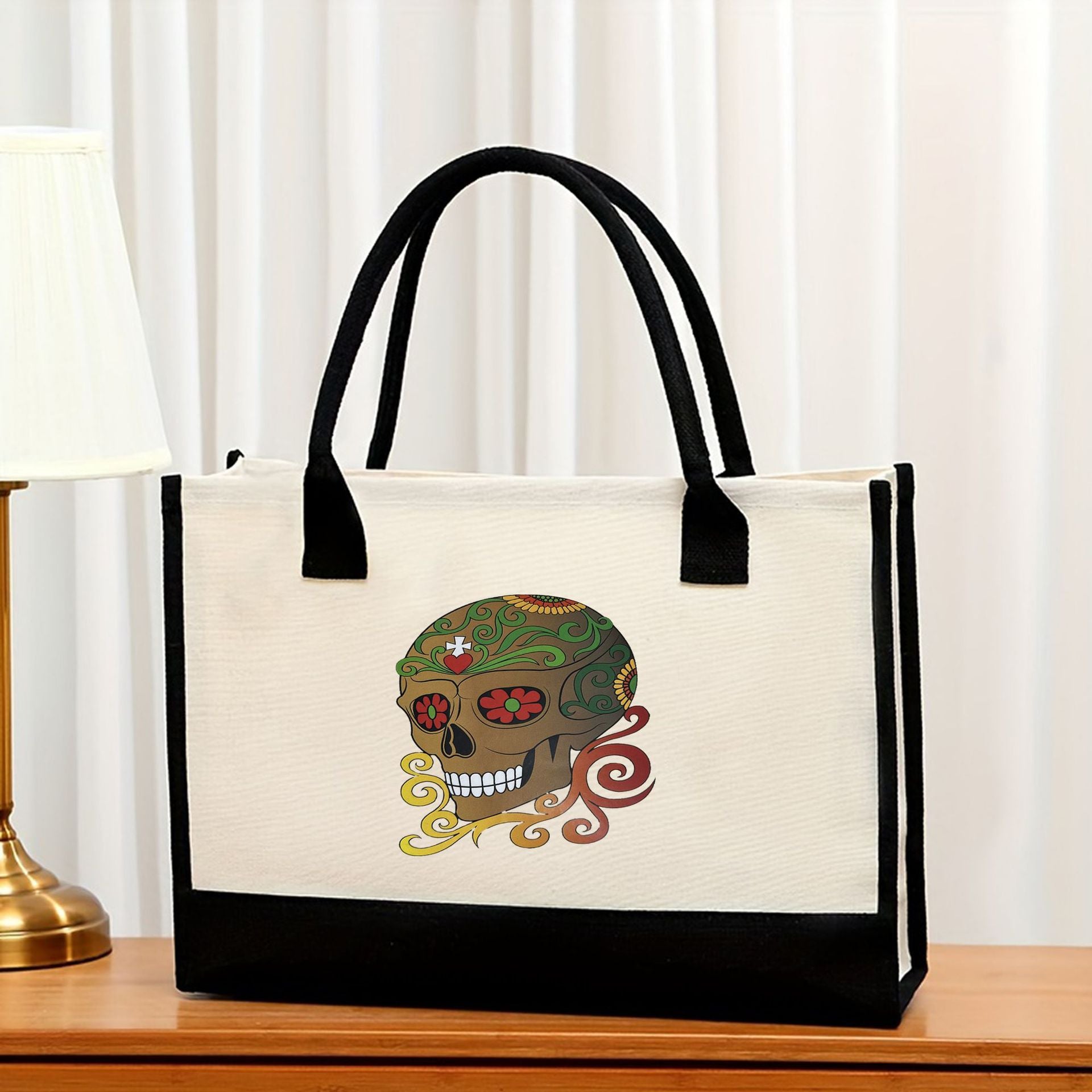 Canvas tote bag, large capacity printed tote bag women's, fashionable waterproof portable shopping bag