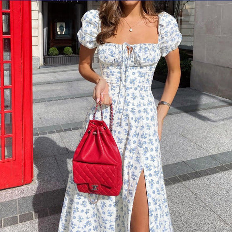 Floral Square Neck Sexy Split Swing Spring Dress Off Shoulder Flower Print Sexy Dress