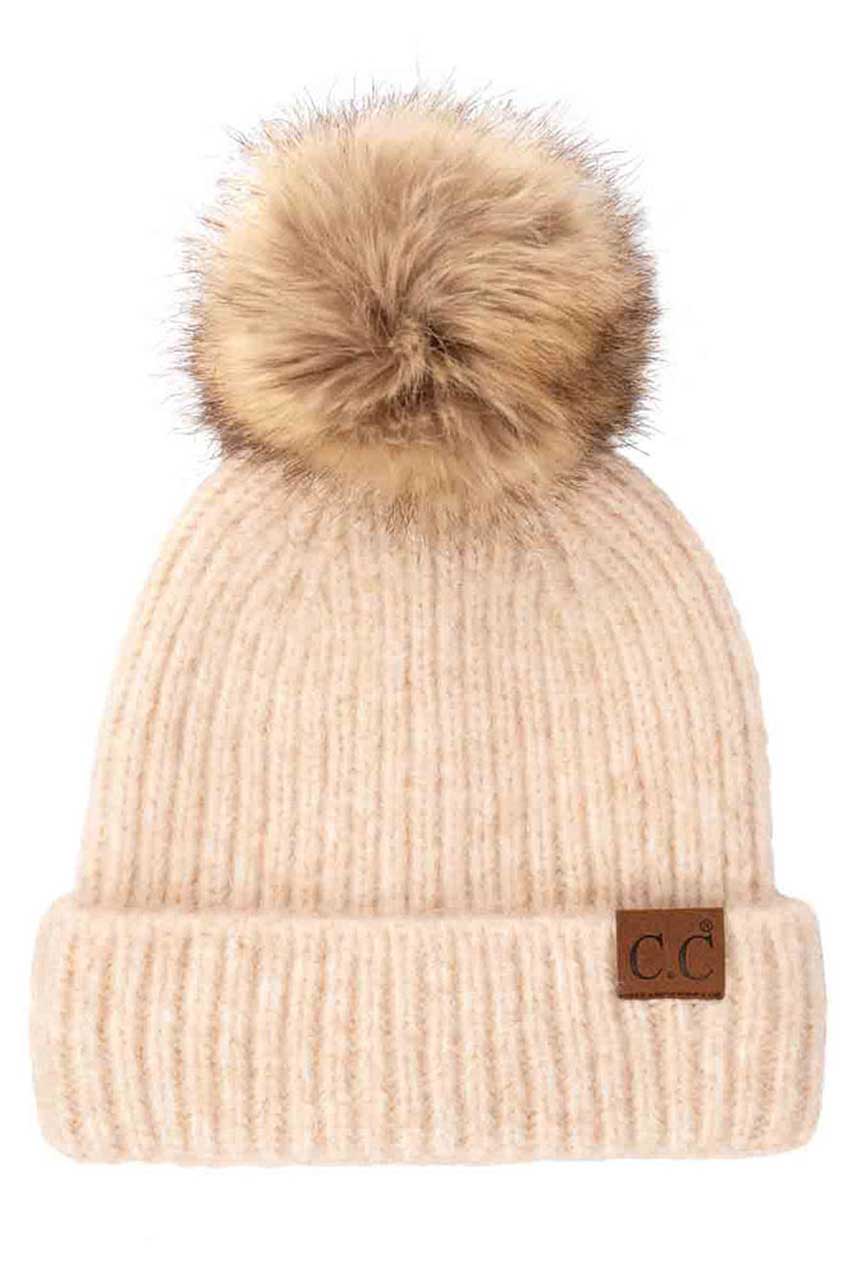 C.C Classic Rib Beanie With Faux Fur Pom
