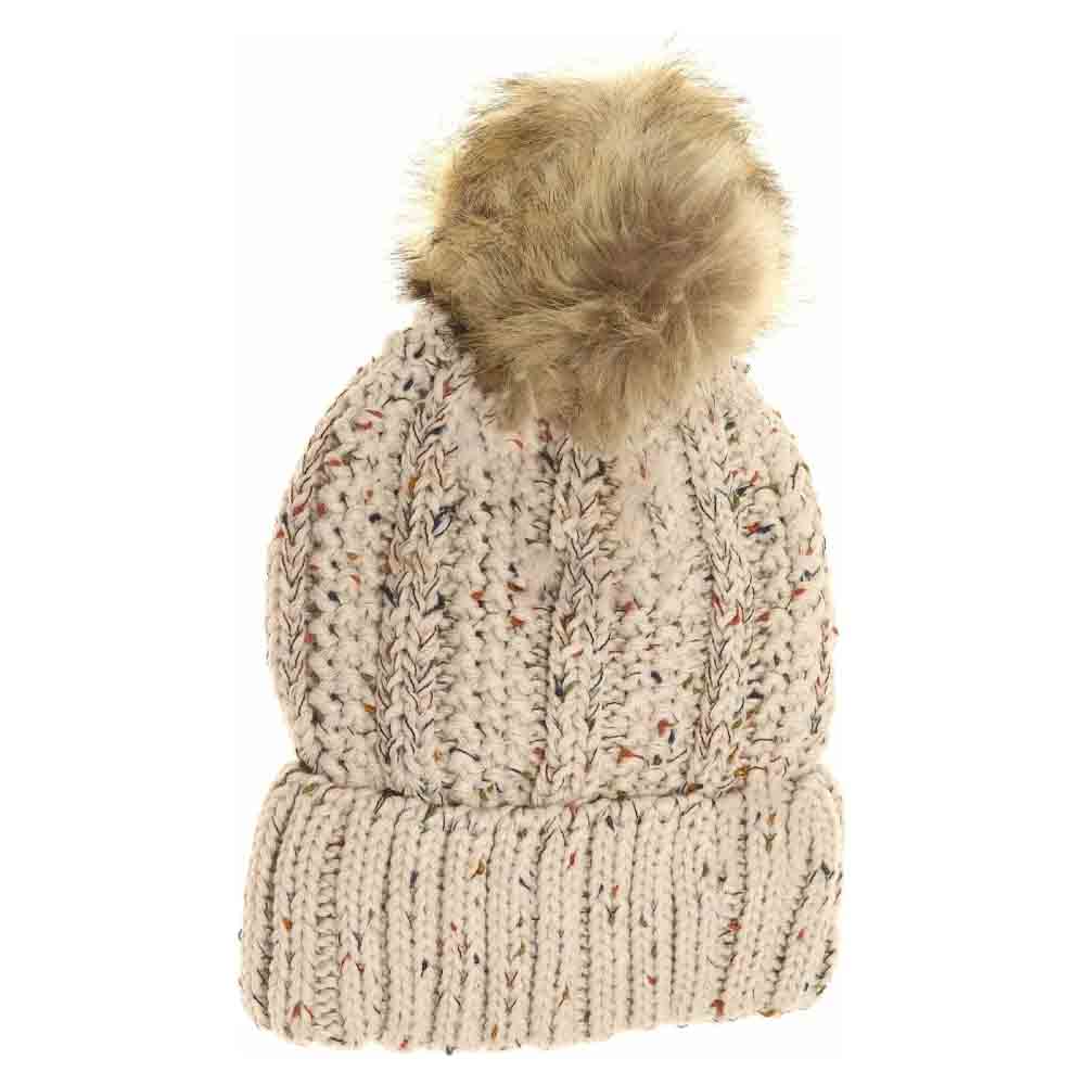 Fuzzy Lined Flecked Fur Pom C.C Beanie