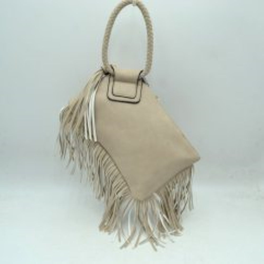 Fringe Accent Clutch Bag with Braided Circular Top Handle