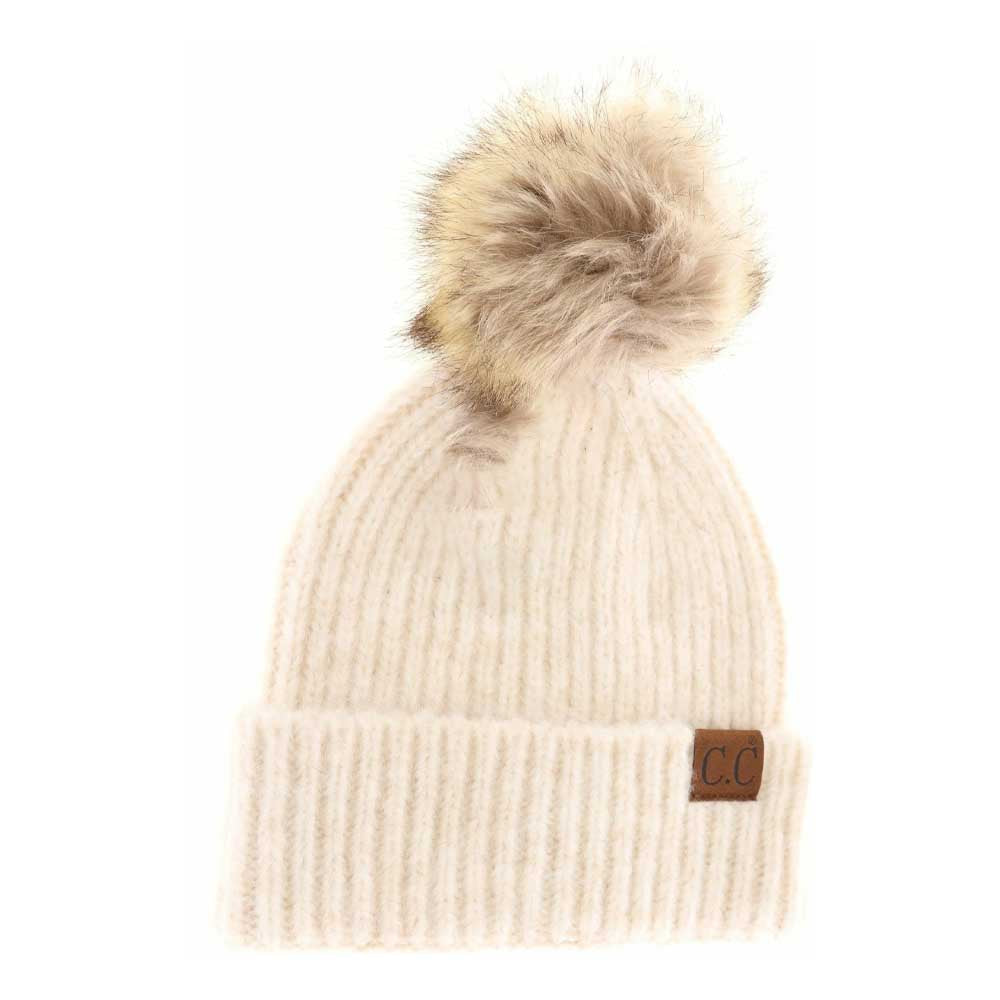 Soft Ribbed Fur Pom C.C Beanie