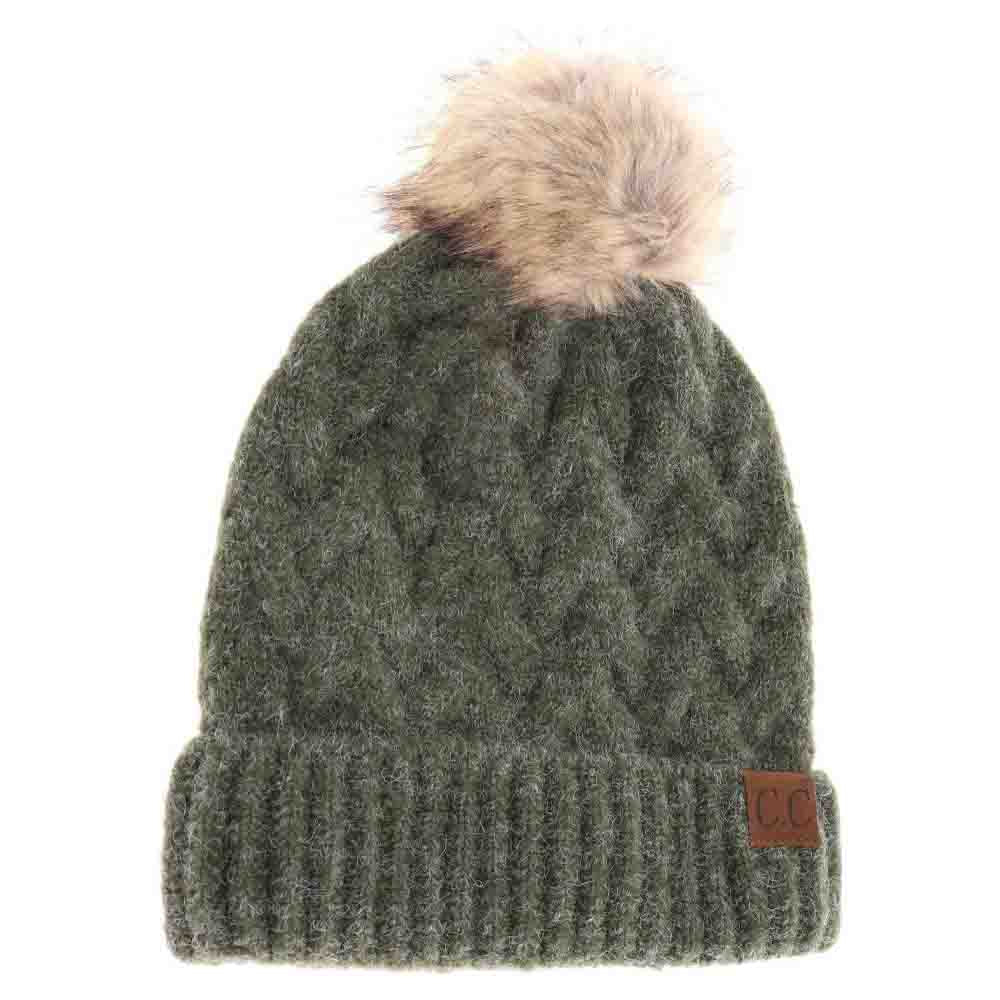 Chunky Braided Cable Knit Fur Pom C.C Beanie