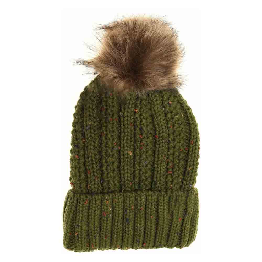 Fuzzy Lined Flecked Fur Pom C.C Beanie