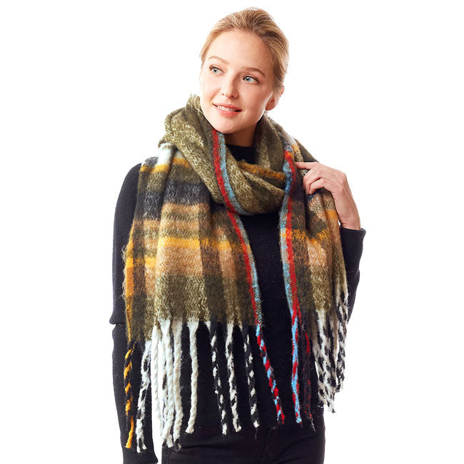 Plaid Check Patterned Soft Fuzzy Knit Oblong Scarf