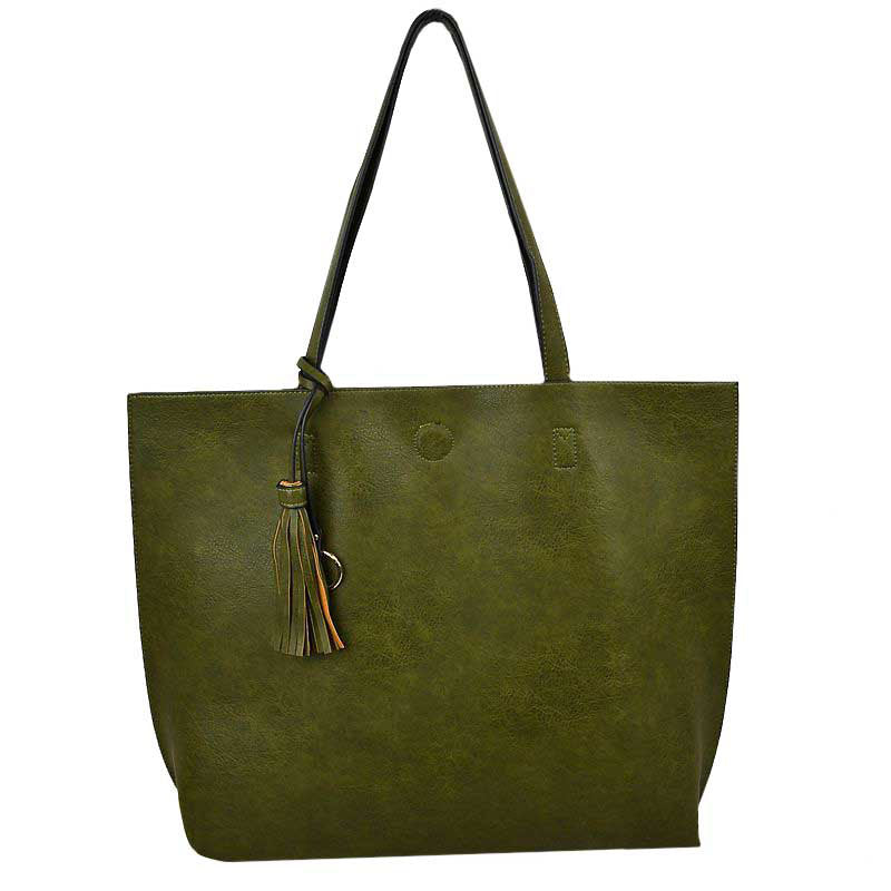 Reversible Faux Leather Tote Bag Vegan Tassel Handbag