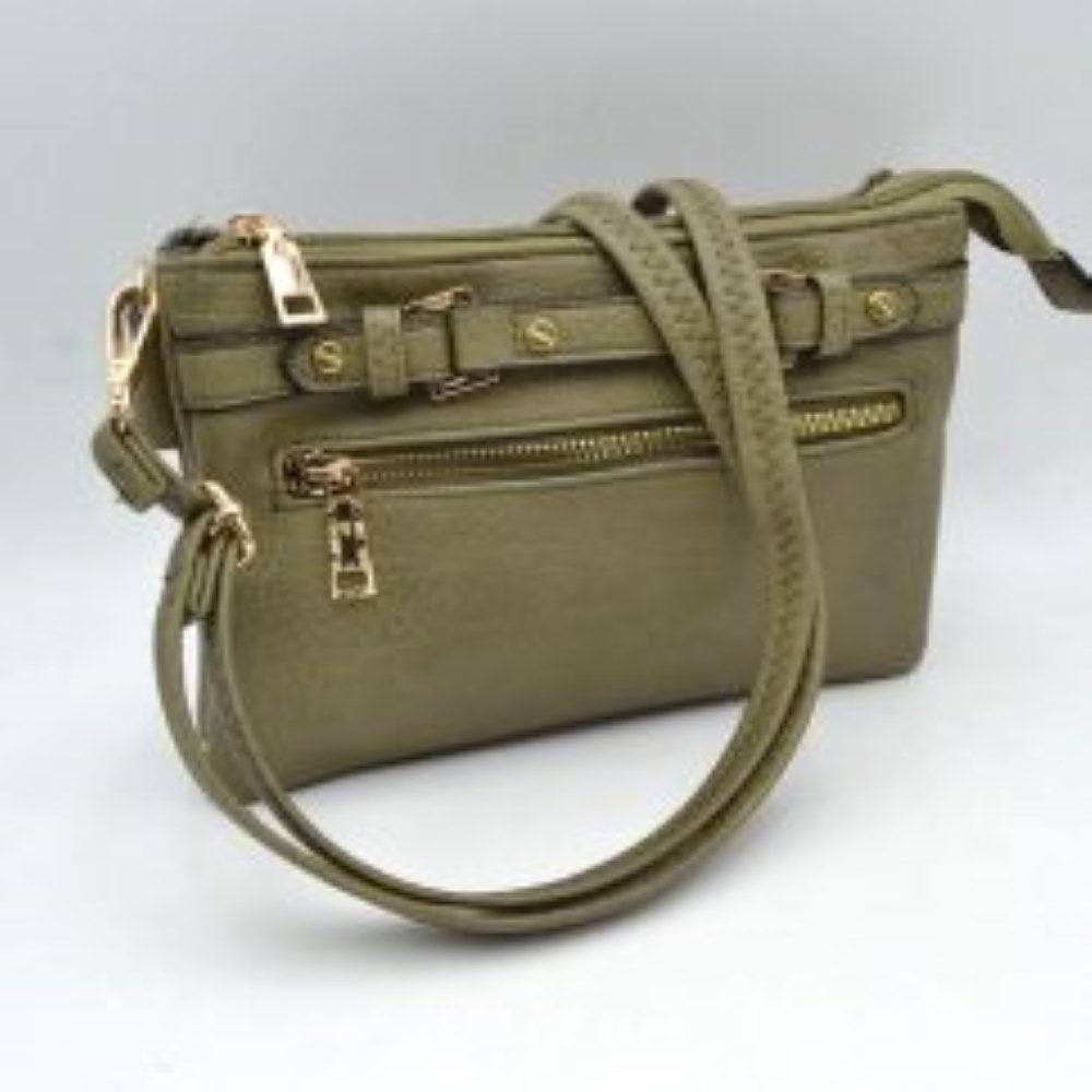 Multi-Zipper Crossbody Bag with Adjustable Strap and Gold Hardware