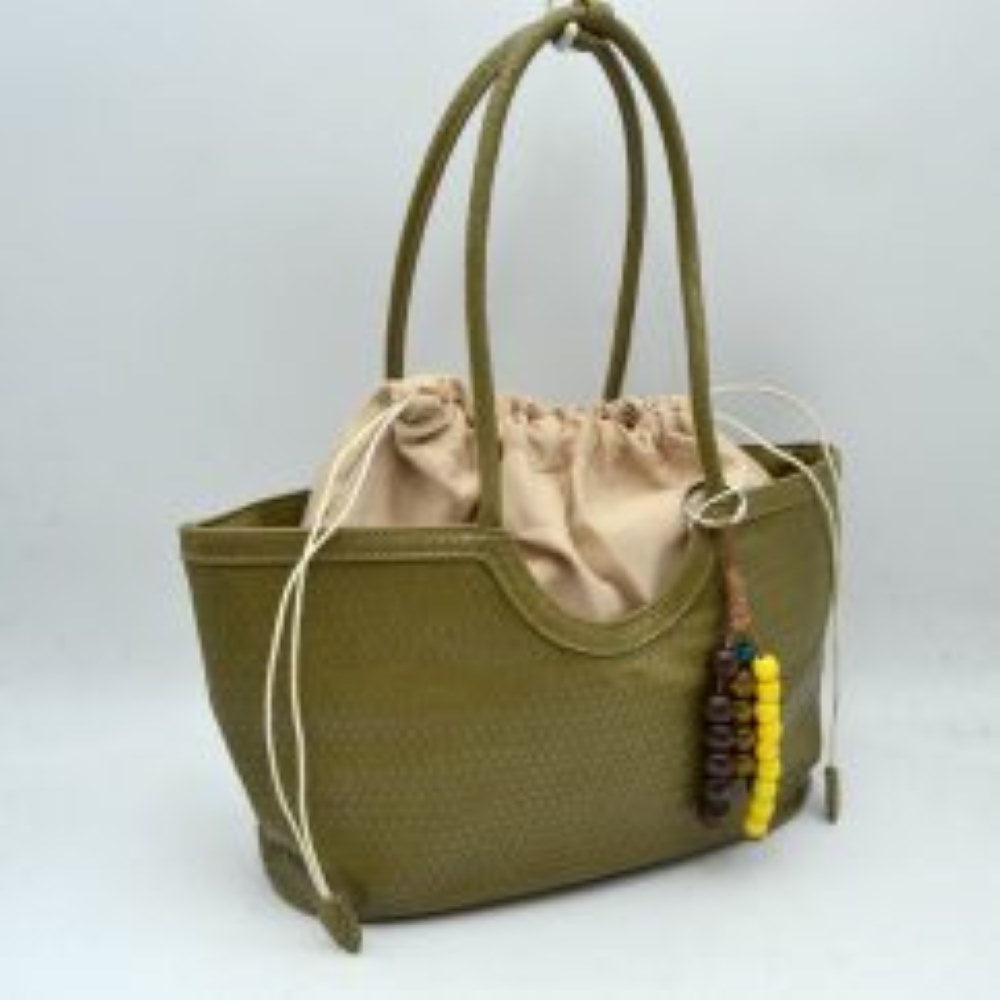Woven Scoop-Top Tote Bag with Drawstring Lining and Beaded Charm