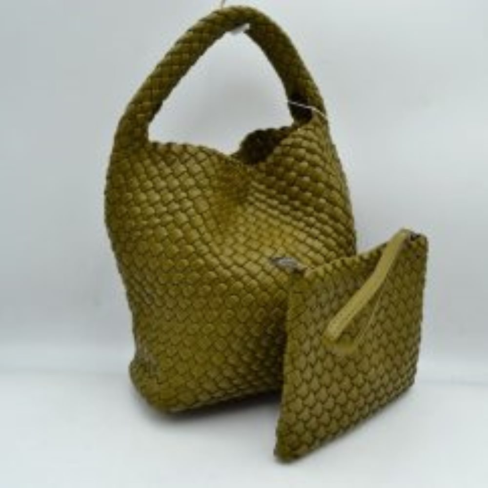 Woven Hobo Bag with Integrated Top Handle and Matching Pouch