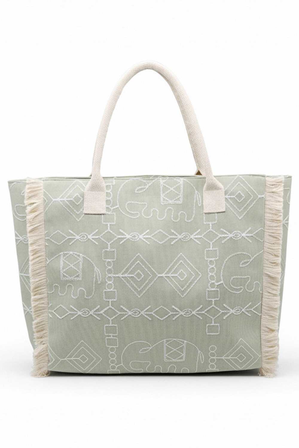 Boho Geometric Elephant Print Fringe Tote Bag