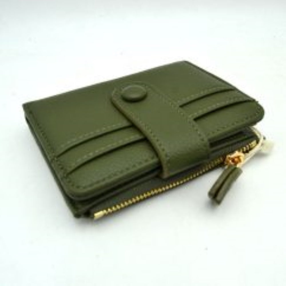 Pebbled Card Holder Wallet with Snap Button Strap and Zipper Pocket