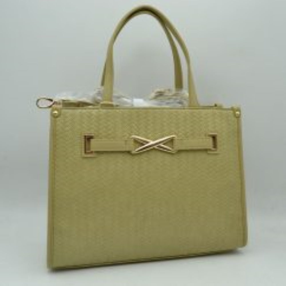 Woven Tote Bag with Decorative Gold Buckle and Crossbody Strap