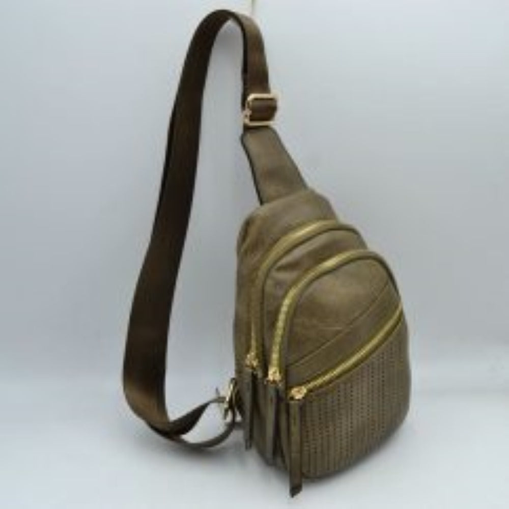 Perforated Crossbody Sling Bag with Triple Zipper Pockets
