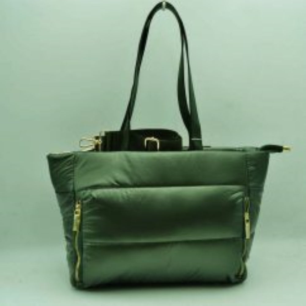 Padded Puffer Tote Bag with Multi-Strap Options and Gold Zippers