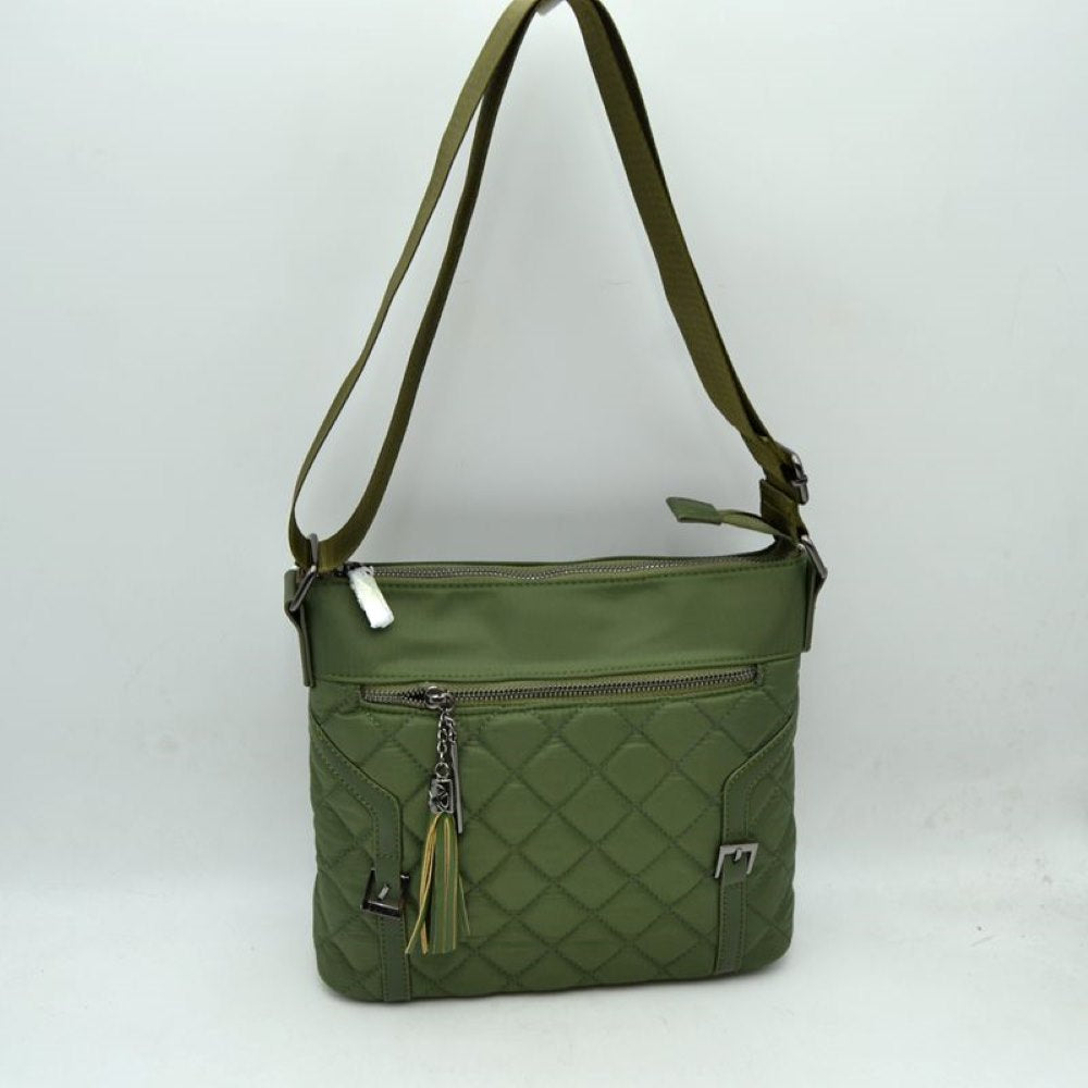 Quilted Nylon Crossbody Bag with Buckle Accents and Tassel Charm