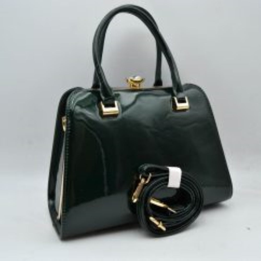 Patent Frame Satchel Handbag with Top Handles and Pearl Clasp