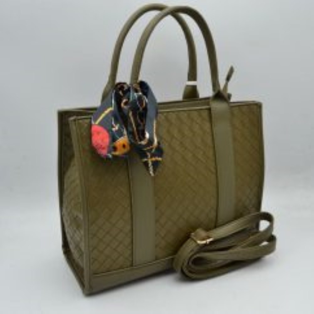 Woven Texture Tote Bag with Dual Top Handles and Scarf Accent