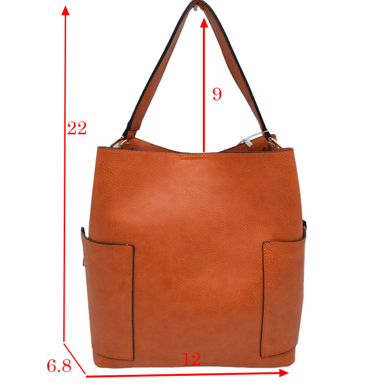 2-in-1 Chic Satchel Side Pocket Bucket Bag with Long Strap