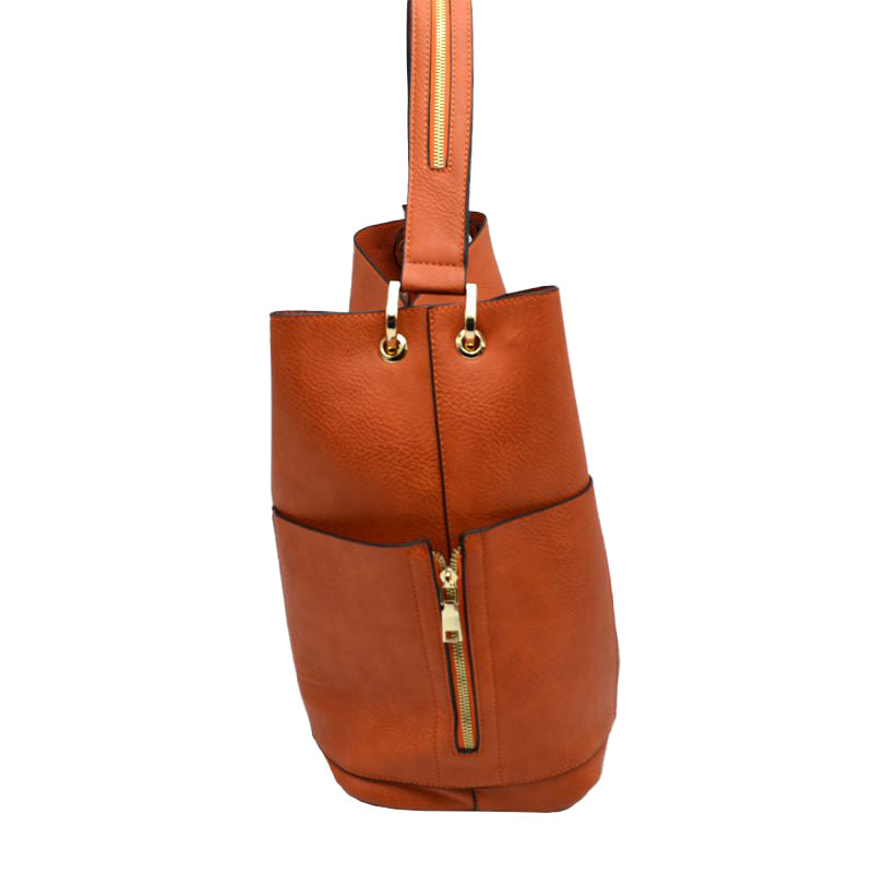 2-in-1 Chic Satchel Side Pocket Bucket Bag with Long Strap