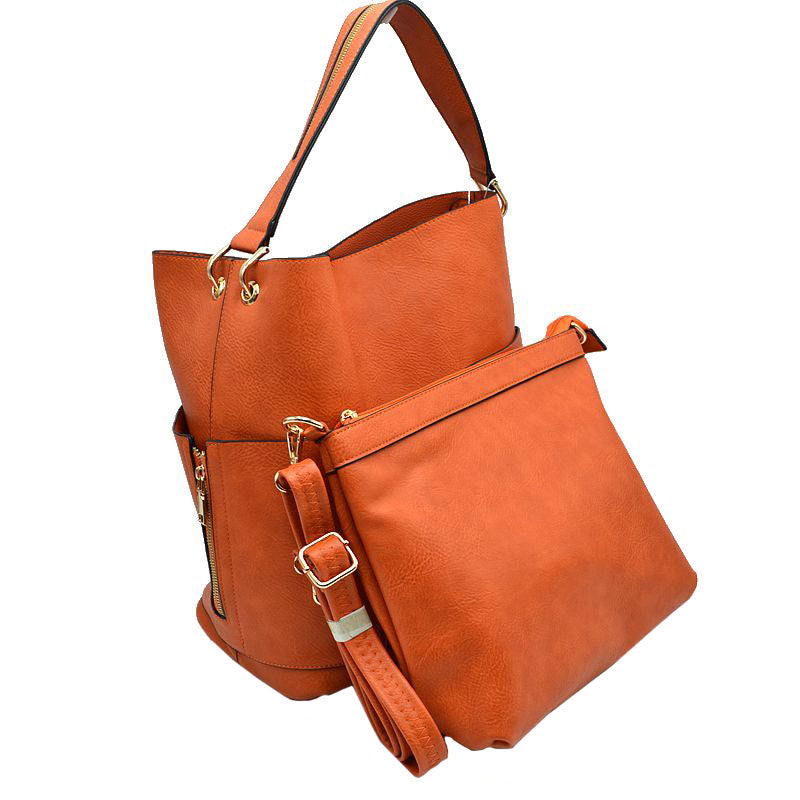 2-in-1 Chic Satchel Side Pocket Bucket Bag with Long Strap