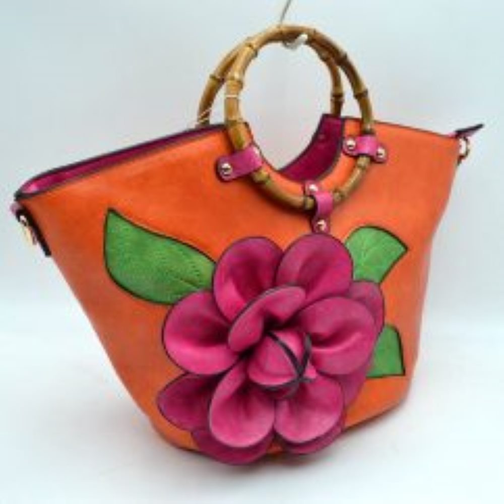 Floral Applique Tote Bag with Segmented Round Top Handles