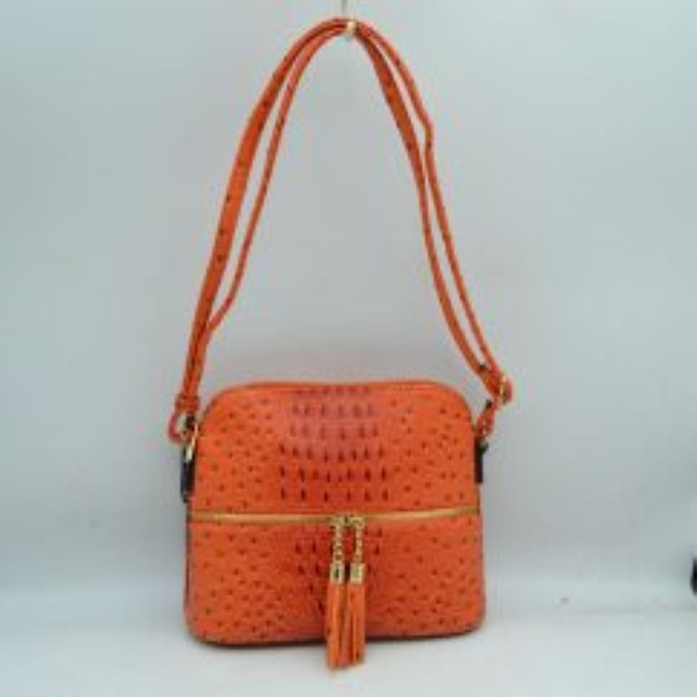 Ostrich-Embossed Dome Crossbody Bag with Dual Tassel Zippers