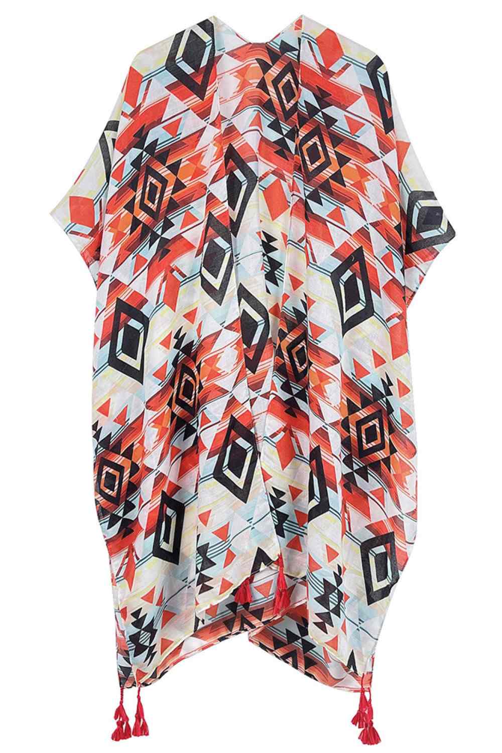 Bold Aztec Pattern Print Tassel Kimono