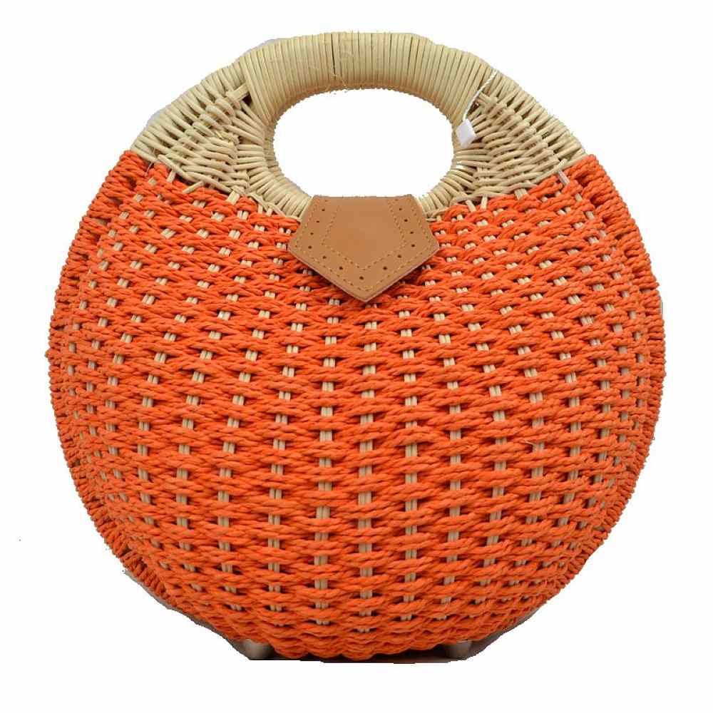 Boho Round Woven Straw Satchel – Convertible Circle Basket Bag with Chain Strap