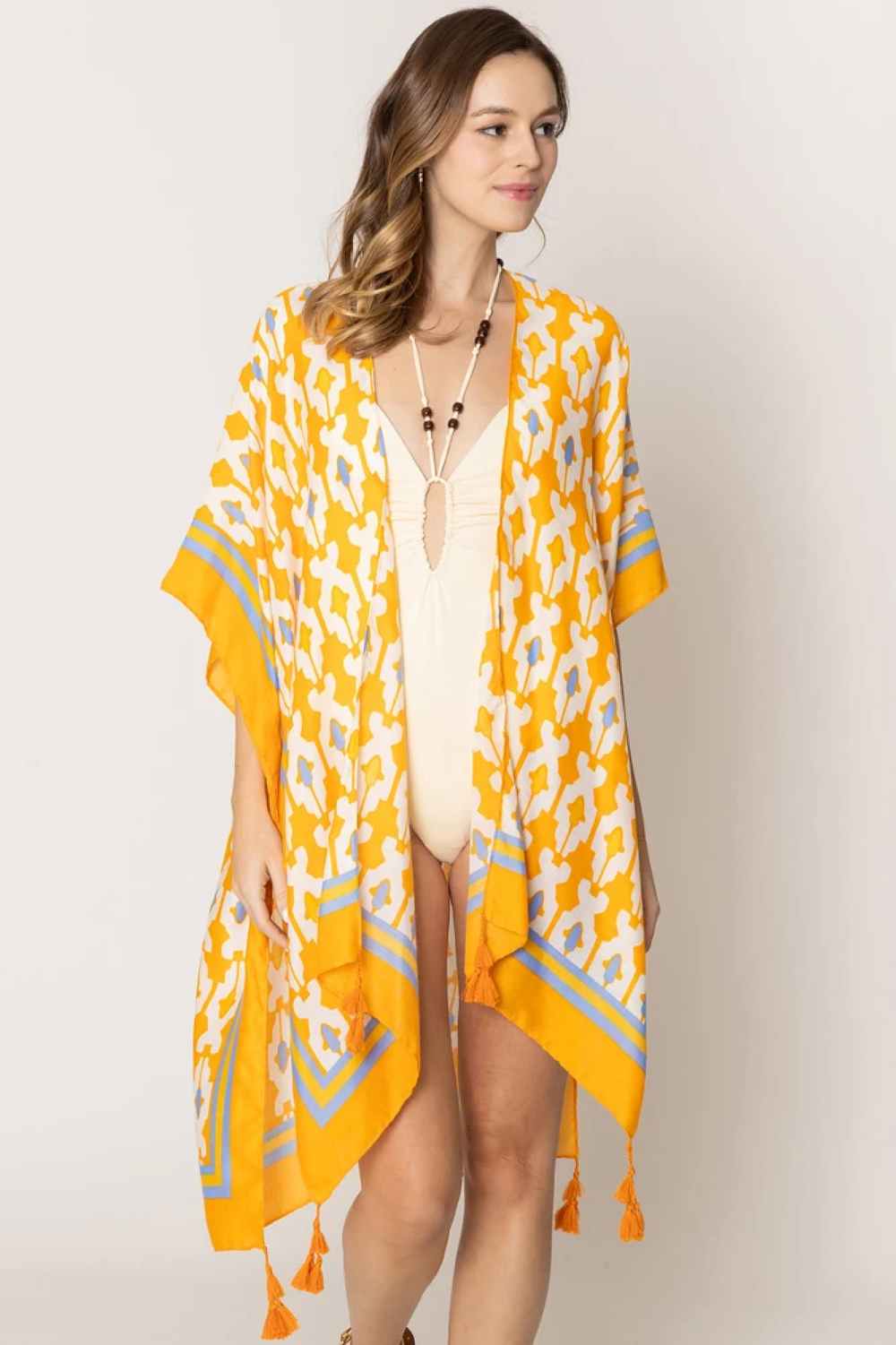 Charm Tile Print Stripe Edge Tassel Kimono