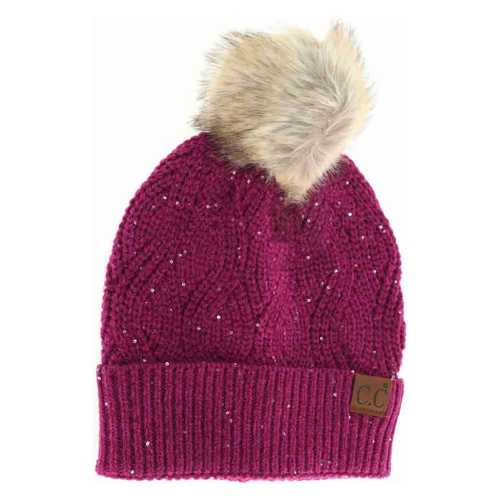 Sequin Brioche Cable Knit Fur Pom C.C Beanie