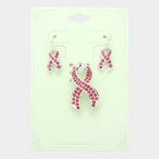 Crystal Pink Ribbon Pin Brooch Pendant Set