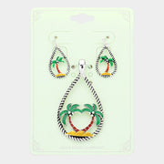 Enamel Palm Tree Accented Open Teardrop Pendant Set