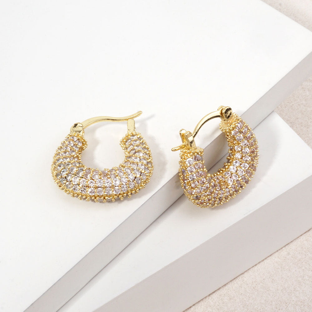 14K Gold Dipped CZ Pave Chunky Pin Catch Hoop Earrings