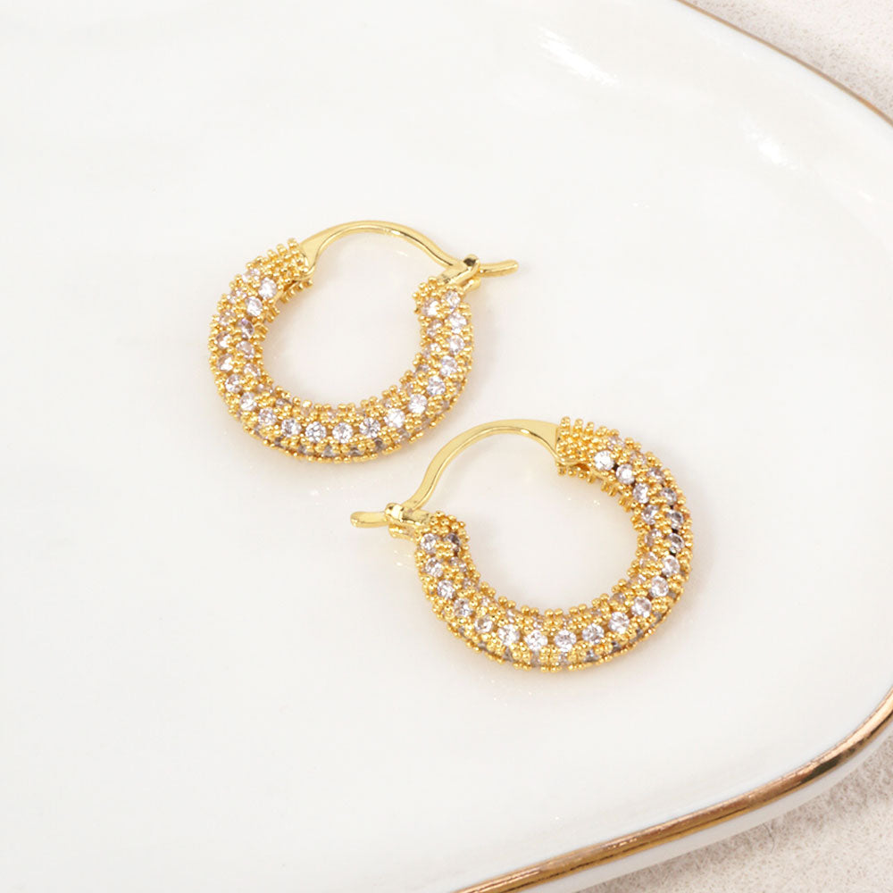 14K Gold Dipped Micro CZ Pave Pin Catch Hoop Earrings