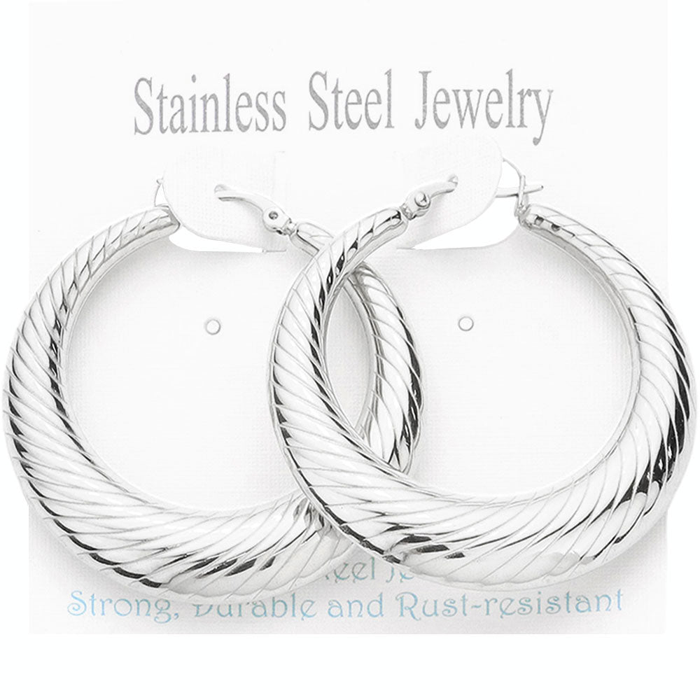 Stainless Steel Textured Hoop Pin Catch Earrings
