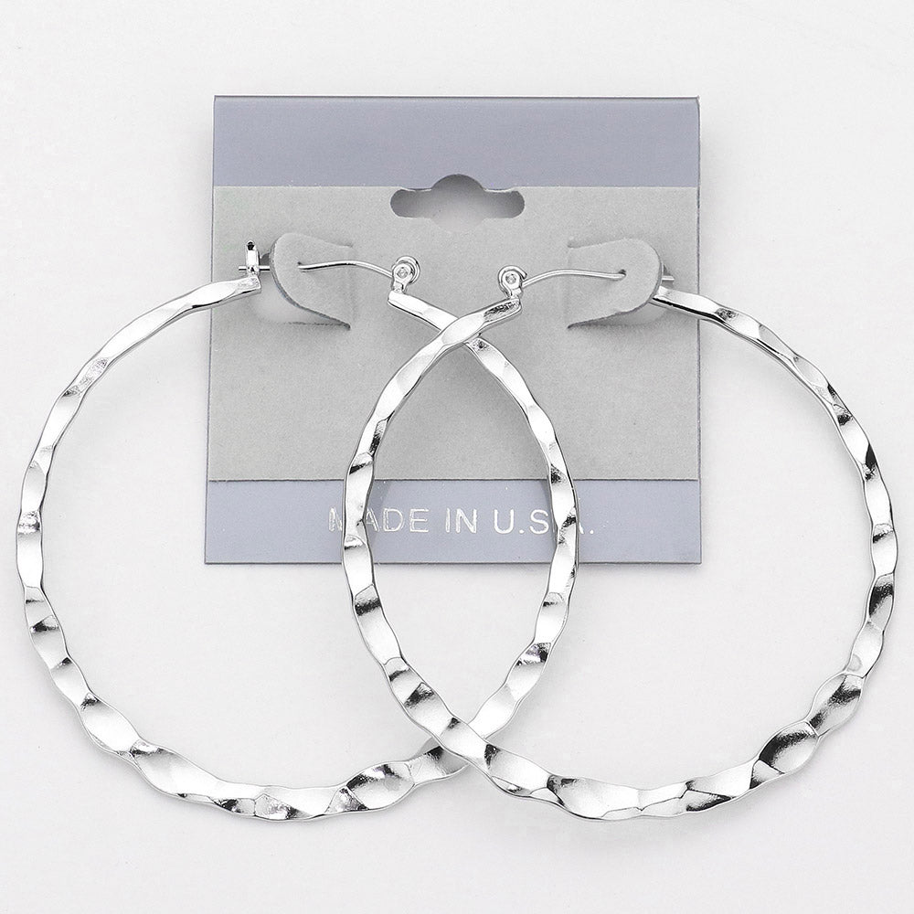 Hammered Metal Pin Catch Hoop Earrings