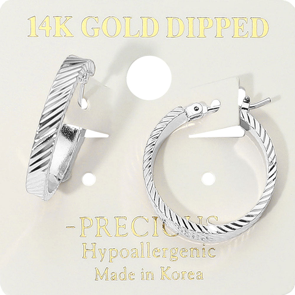 14K Gold Dipped Hypoallergenic Textured Twist Pin Catch Hoop Earrings