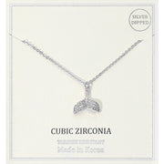 Silver Dipped CZ Stone Paved Whale Tale Pendant Necklace